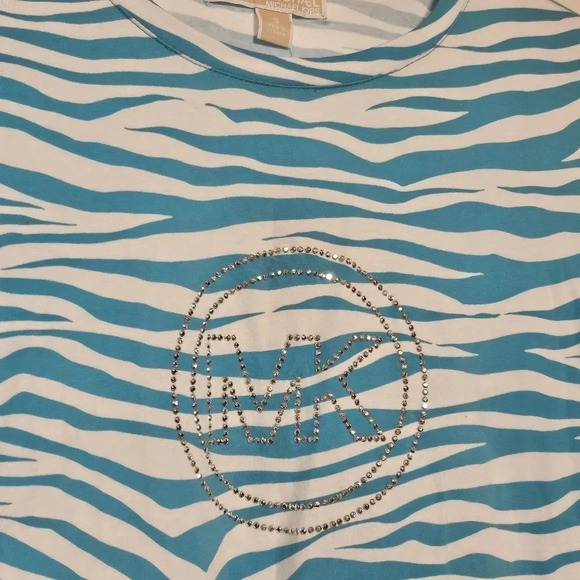 Michael Kors Top Shirt MK Jeweled Sparkle MK Logo Blue White Sz S NWT #0039 - Picture 2 of 8